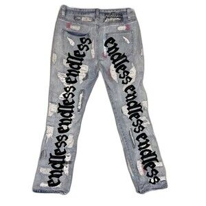 RARE Vlone X Endless Denim Distressed Embroidered Jeans Black Large (30X30)
